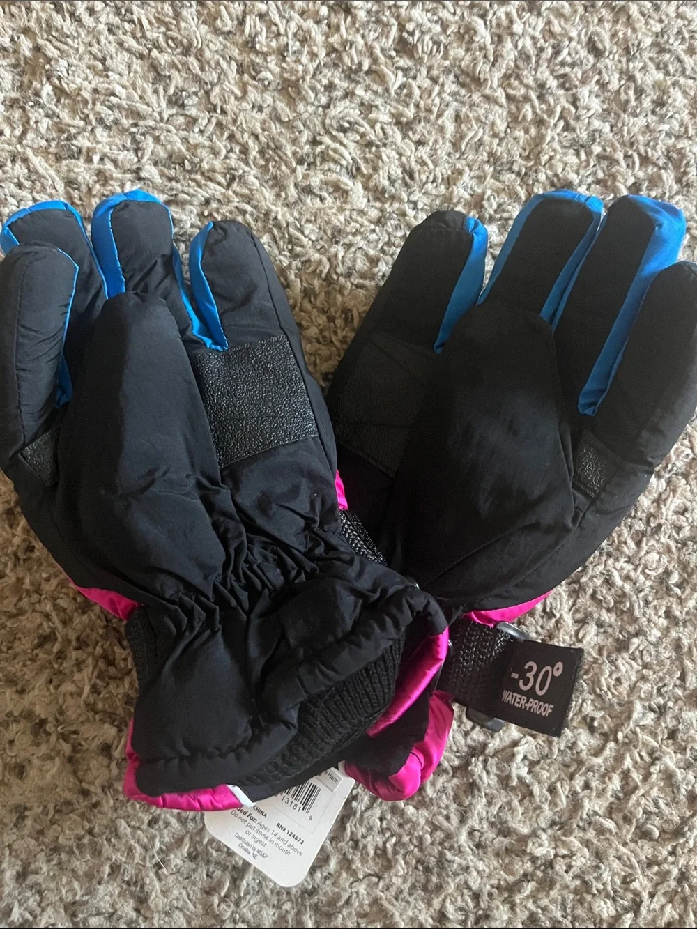 -30° Waterproof Kids Winter Gloves in Hot Pink and Blue